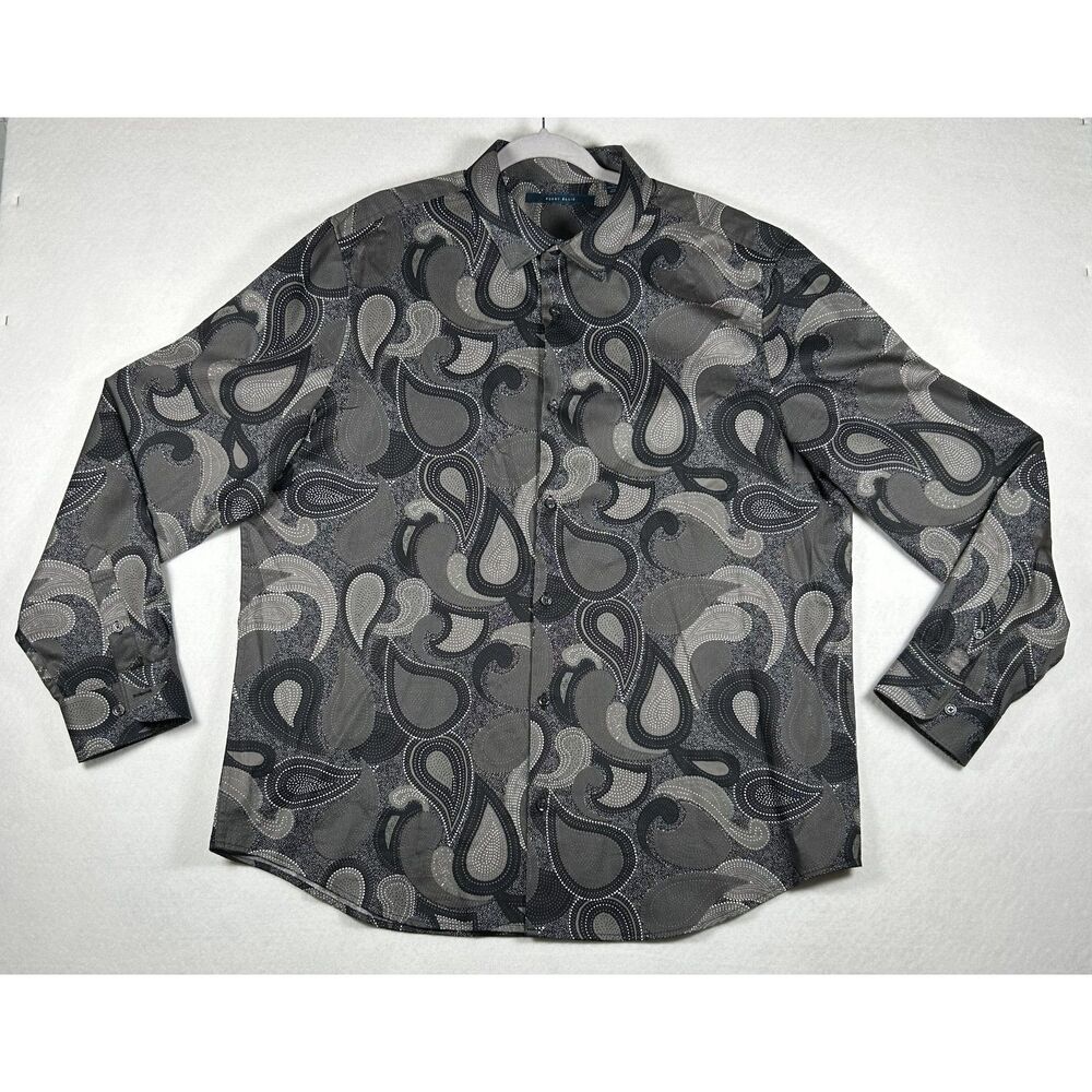 Perry Ellis Men's XXL Long Sleeve Paisley Button Down Shirt Grey Black
